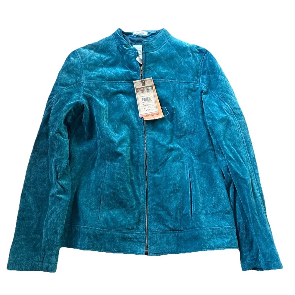 RUFF HEWN Suede Leather Jacket Coat Teal Womens Size Medium NWT $79